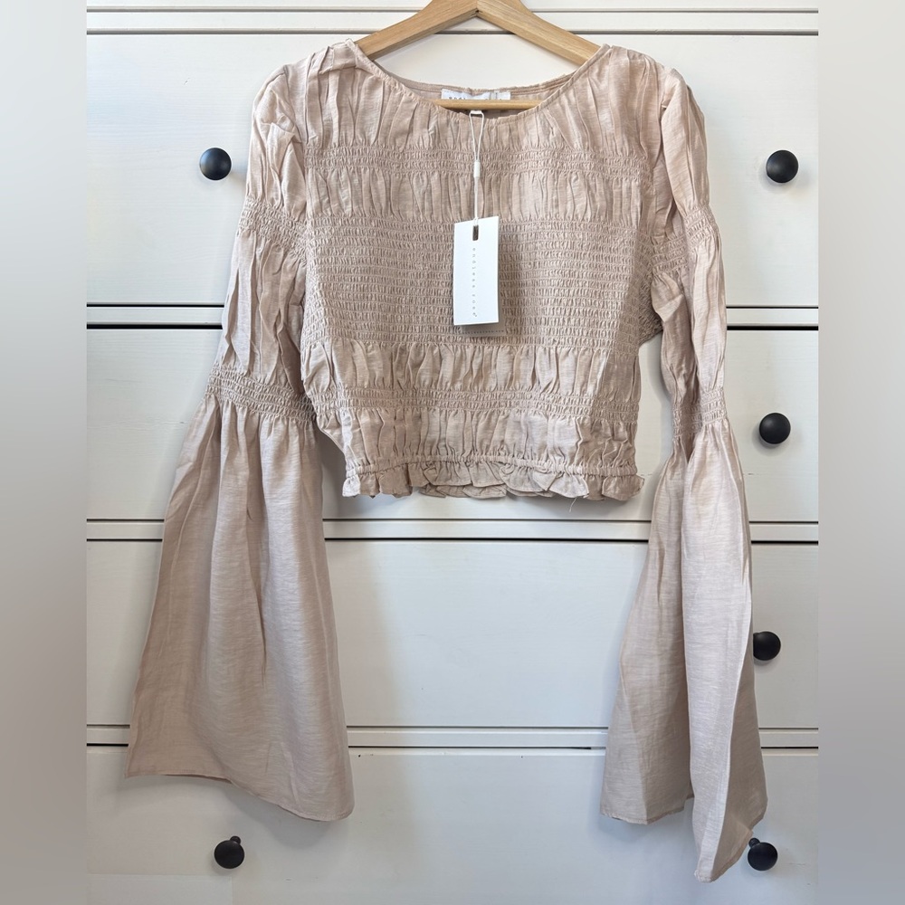 Endless Rose Smocked Bell Sleeve Crop Top Linen Blend women size S NWT Beige